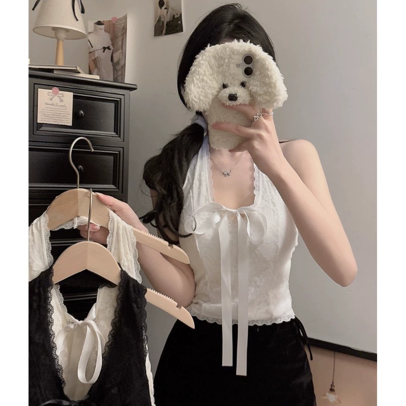 纯欲性感蝴蝶结v领蕾丝吊带背心内搭带胸垫短款美背无袖挂脖上衣
