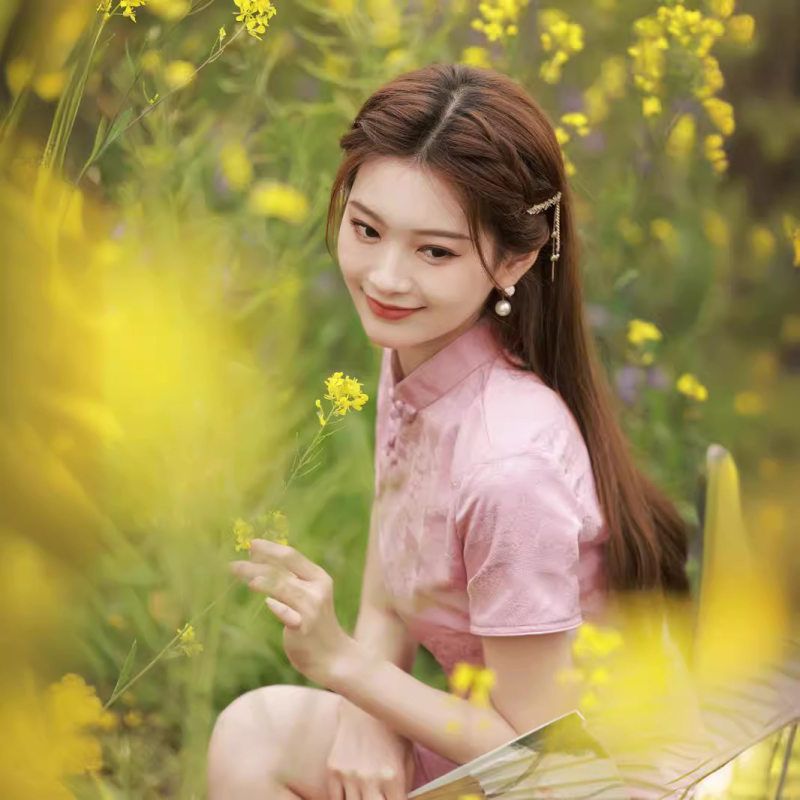 粉色小个子短款旗袍裙2023年新款改良少女年轻款日常修身连衣裙夏