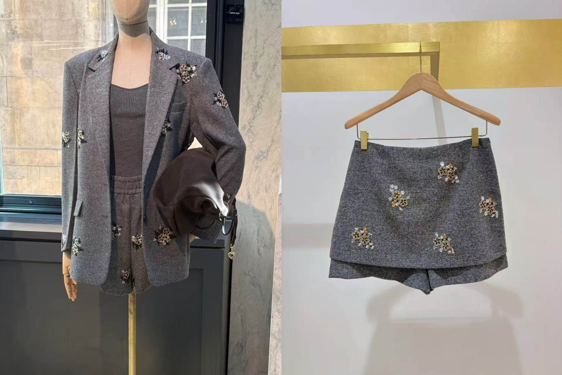 法式小众2025秋冬新时尚亮片点缀花卉刺绣宽松西装高腰裙裤套装女