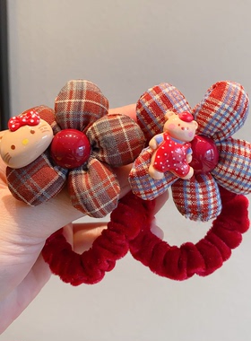 红色格纹花朵发圈儿童秋冬植绒扎发绳可爱卡通丸子头皮筋女发饰yf