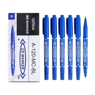 蓝色记号笔小双头勾线笔油性速干防水防油不掉色美术儿童幼儿园描边大头马克笔瓷砖工地专用粗细两头标记计号