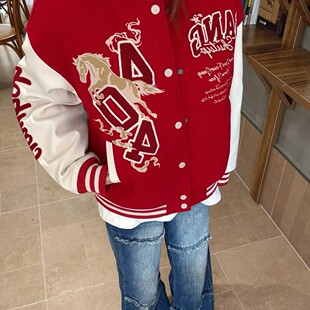 新款红色马年刺绣撞色棒球服外套女秋冬加厚保暖夹棉情侣飞行夹克