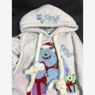 美式秋冬新款小怪兽植绒刺绣重磅加绒加厚减龄学院风连帽卫衣加绒