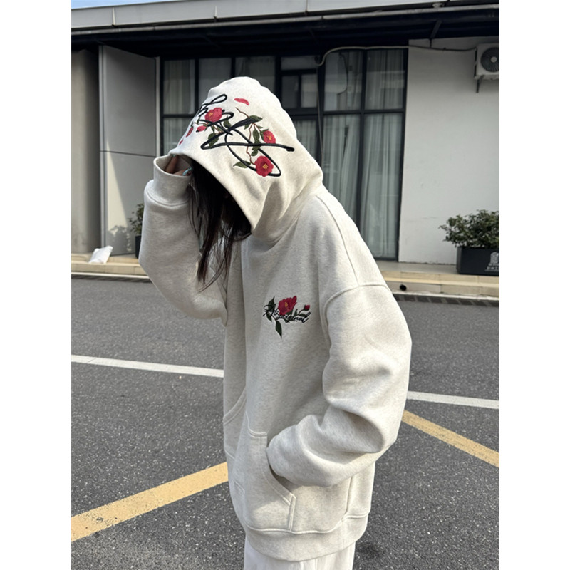 国潮美式玫瑰花刺绣字母连帽卫衣女2025秋季新款宽松帽衫情侣外套