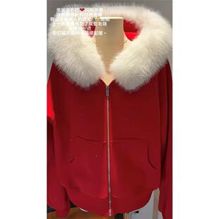 红色毛领连帽卫衣外套女2025新款秋冬保暖宽松高级感穿搭拉链开衫