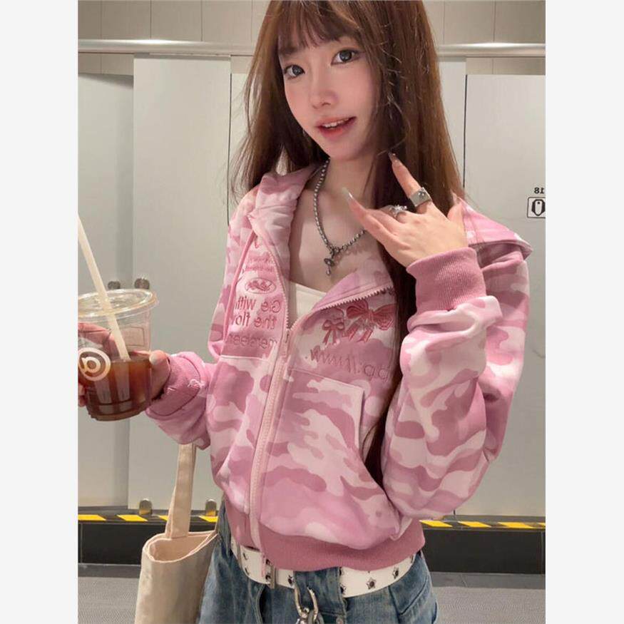 美式复古蝴蝶刺绣迷彩开衫连帽卫衣女春秋宽松显瘦小个子短款外套