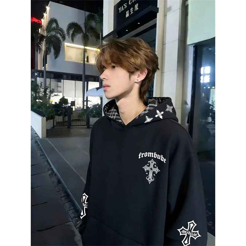 美式复古十字架刺绣连帽加厚卫衣男女款2025新款宽松情侣加绒帽衫