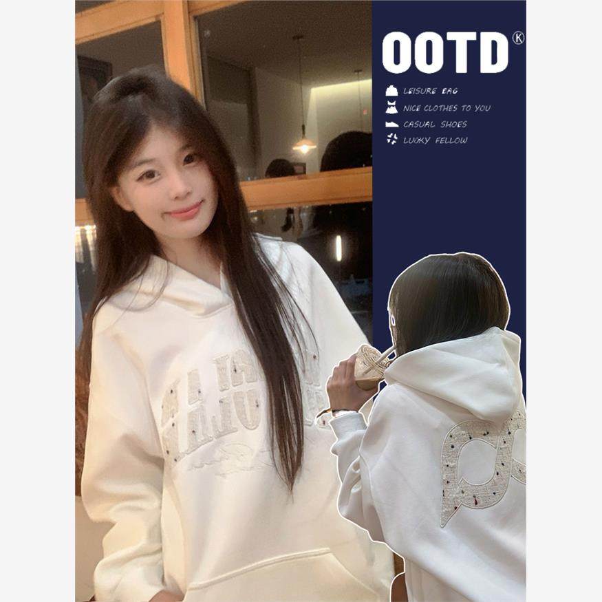 美式复古白色刺绣字母连帽卫衣女2025秋冬加绒加厚宽松设计感外套