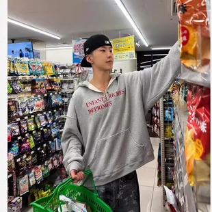 SEVENTEEN权顺荣金珉奎同款潮牌标语别针灰色连帽卫衣早秋衣服女