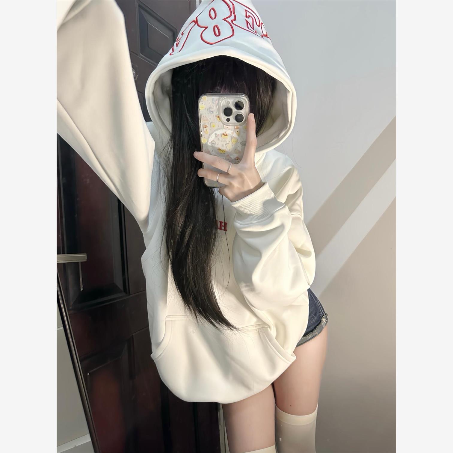 美式字母小火苗刺绣连帽卫衣女