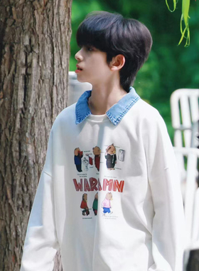 TF家族陈浚铭同款白色宽松无帽长袖男女oversize学院风圆领卫衣女