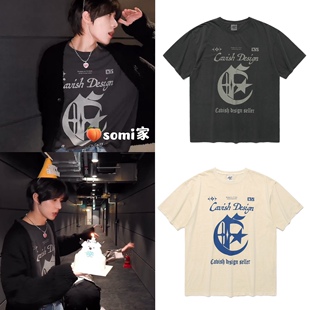 somi家 韩国潮牌水洗做旧星星复古潮牌短袖T恤崔杋圭李泰容同款