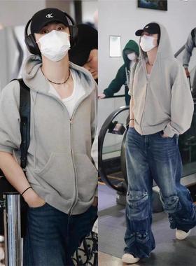 TXT崔然竣同款灰色拉链卫衣女男2025年秋季新款连帽上衣外套开衫