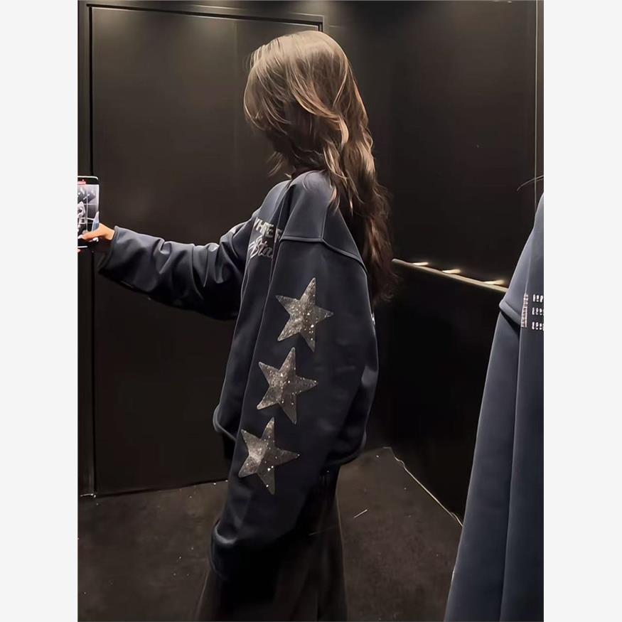 美式复古闪粉星星字母圆领卫衣女