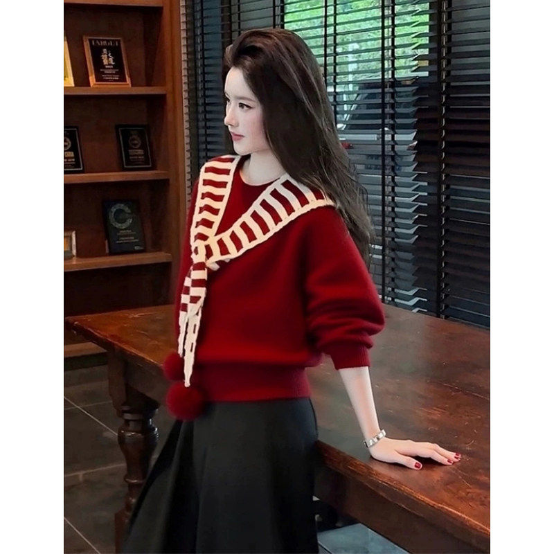 新年本命年法式高级感女装秋冬款红色条纹披肩针织毛衣内搭可外穿