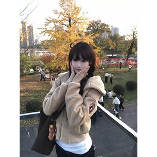 复古羊羔绒短款外套女宽松慵懒感美式加绒加厚连帽卫衣上衣秋冬季