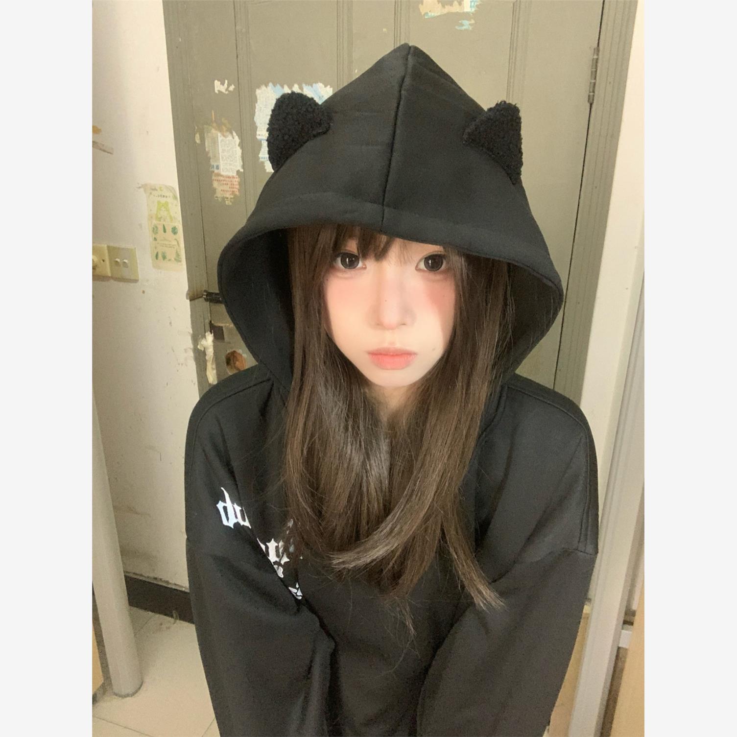 美式高街刺绣毛绒猫耳连帽卫衣女