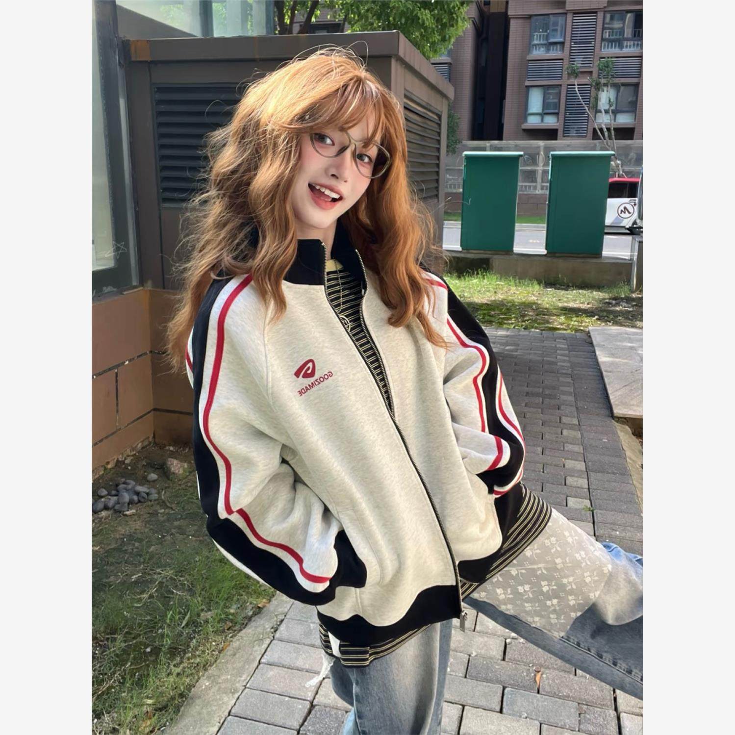 美式覆古学院风撞色立领卫衣外套女秋季宽松开衫运动情侣夹克上衣