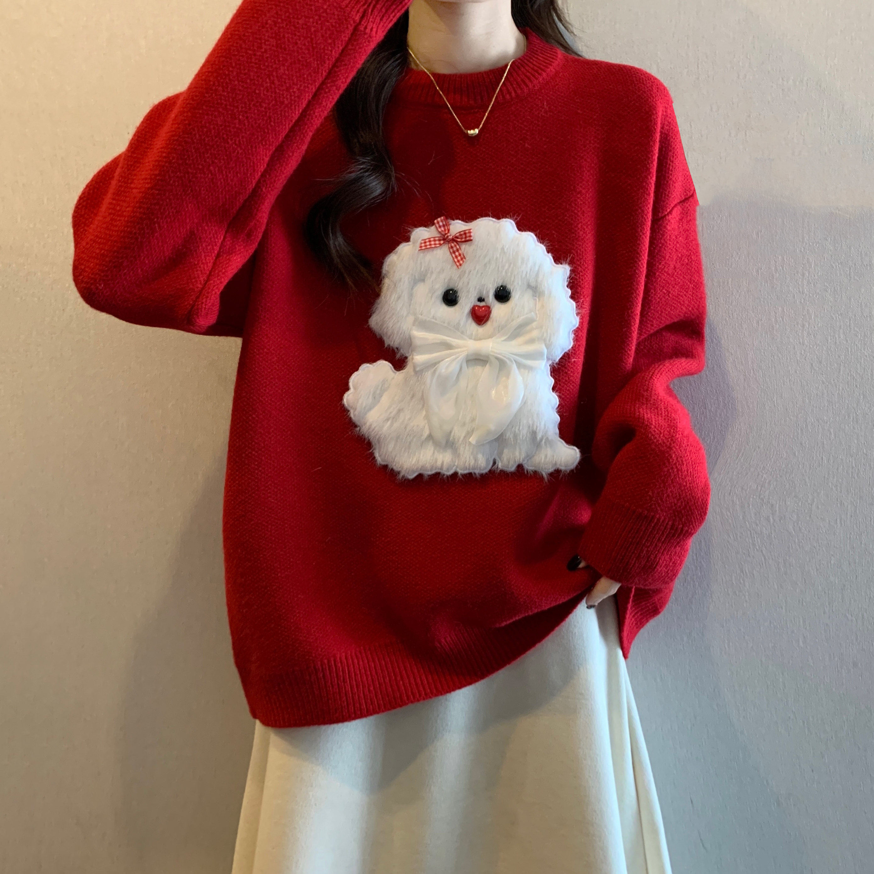 红色可爱小狗针织衫正肩毛衣女2025秋冬新款胖mm过年圣诞减龄上衣