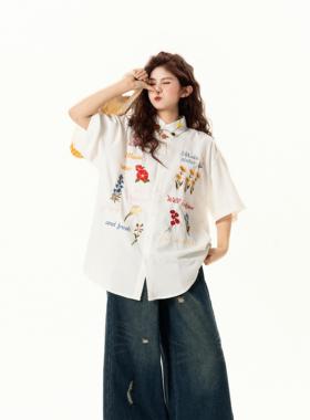 逆爱梓瑜吉米海小海同款花卉刺绣华夫格短袖衬衫男女宽松情侣衬衣