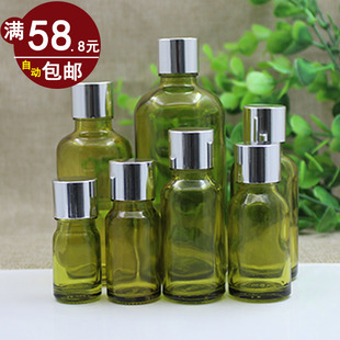 橄榄绿精油瓶空瓶玻璃亮银盖分装瓶精华液原液水液体容纳瓶