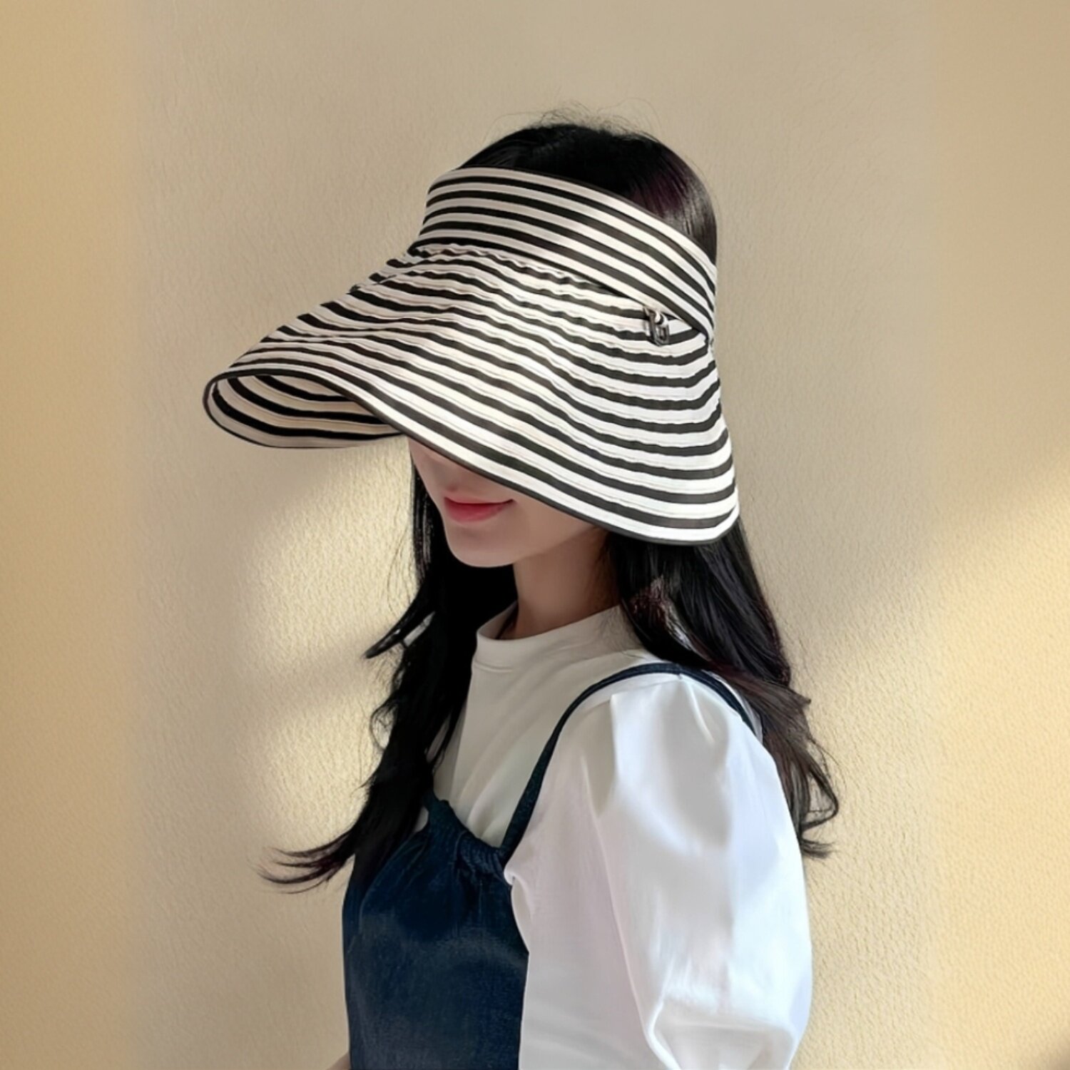 2025新款条纹空顶防晒帽女韩国东大门便携可折叠贝壳帽大檐遮阳帽