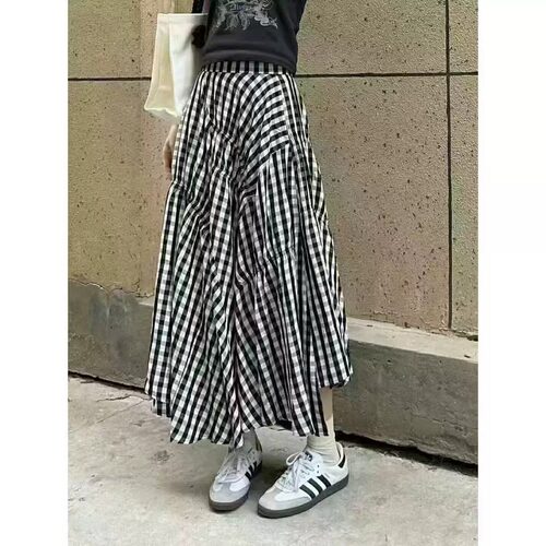 日系高腰褶皱不规则格纹半身裙