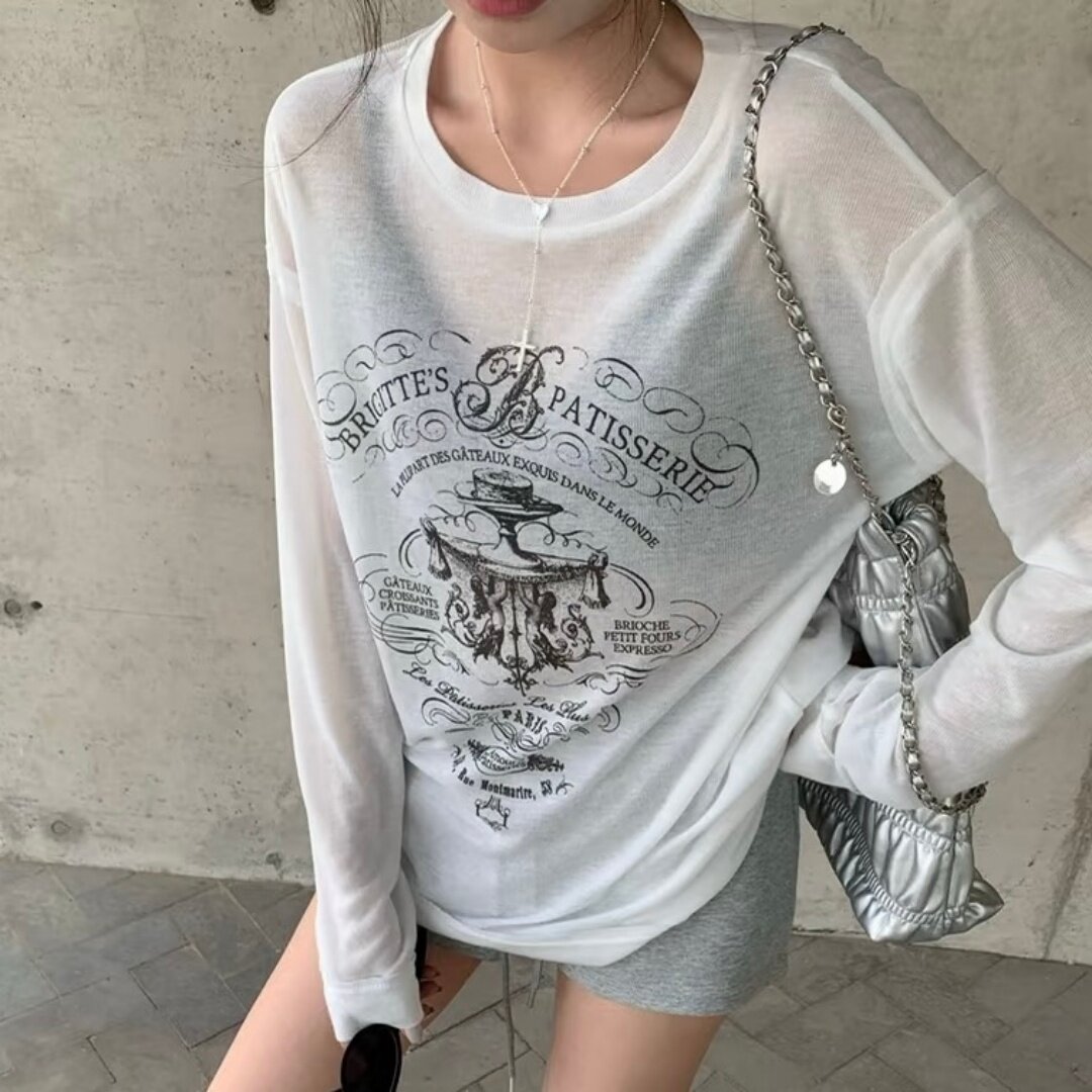 钱章章 章鱼自制!法式印花长袖t恤女夏微透薄款防晒罩衫宽松显瘦