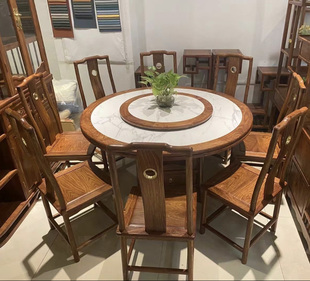 允品新中式石面圆桌　圆型石板餐桌餐台刺猬紫檀六八人位红木家具