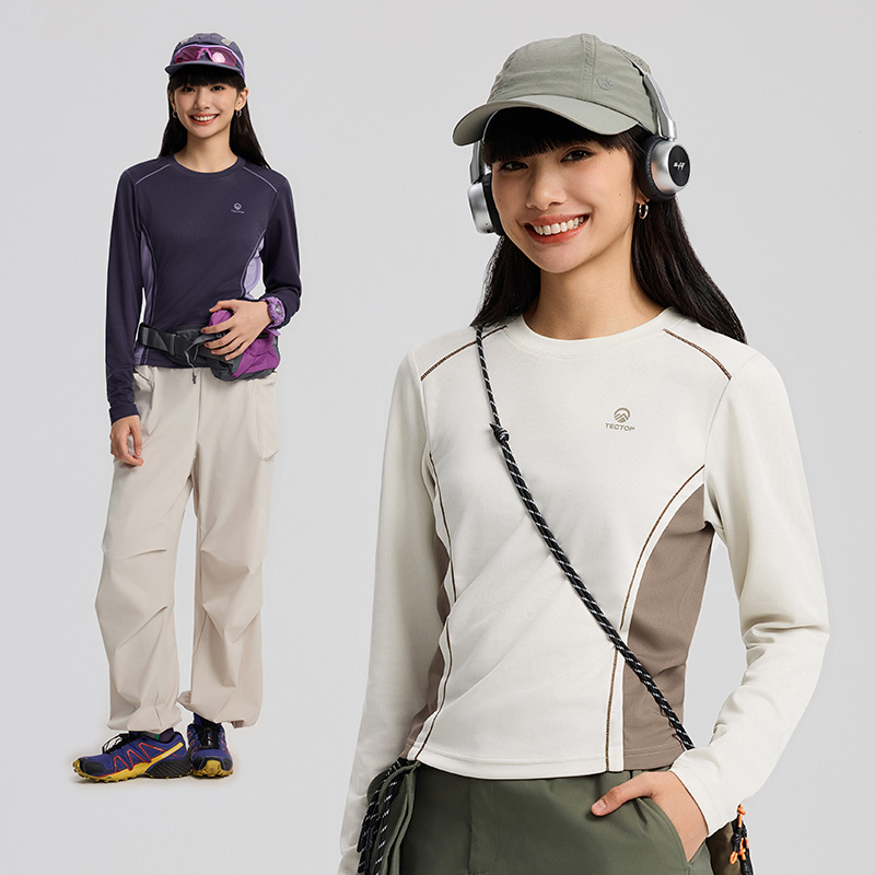 TECTOP探拓户外春夏速干T恤女士透气款弹力休闲运动旅行圆领长袖
