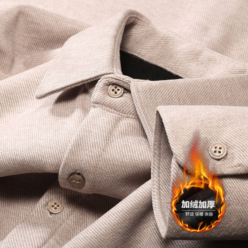 轻奢级冬季保暖加绒加厚毛呢衬衫男长袖修身商务休闲抗皱衬衣男士
