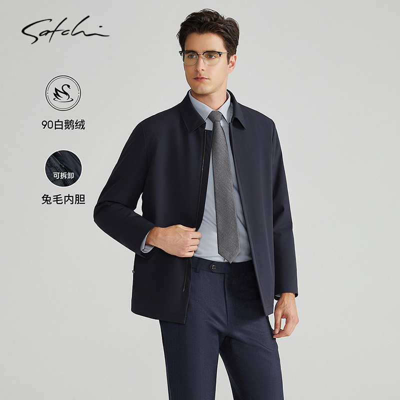 [可拆卸兔毛内胆]SATCHI沙驰男装男士尼克服冬季新款鹅绒中长外套