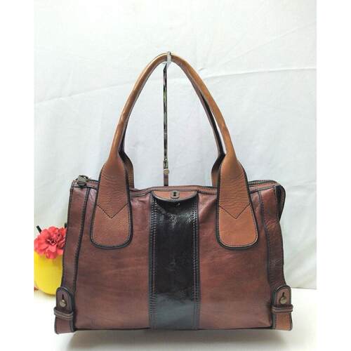 Fossil Maddox棕色真皮黑色条纹Zipper两用单肩包