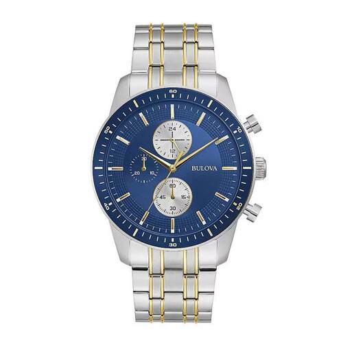 宝路华Bulova 98A243男手表蓝色计时表表盘双色不锈钢