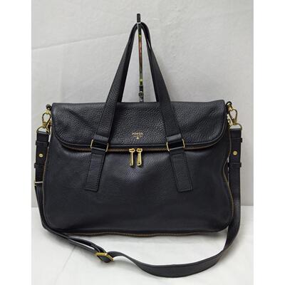 Fossil黑色荔枝纹Expandable Zipper双Handles两用单肩包