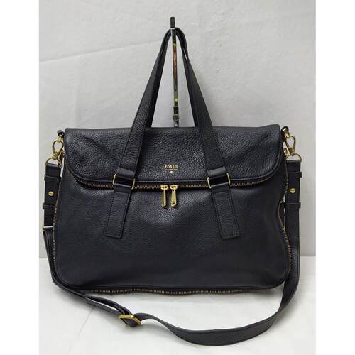 Fossil黑色荔枝纹Expandable Zipper双Handles两用单肩包