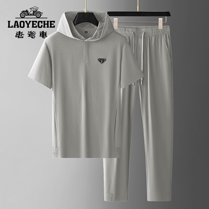 老爷车高端抗皱免烫冰丝短袖套装男士夏季薄款大码休闲连帽卫衣男