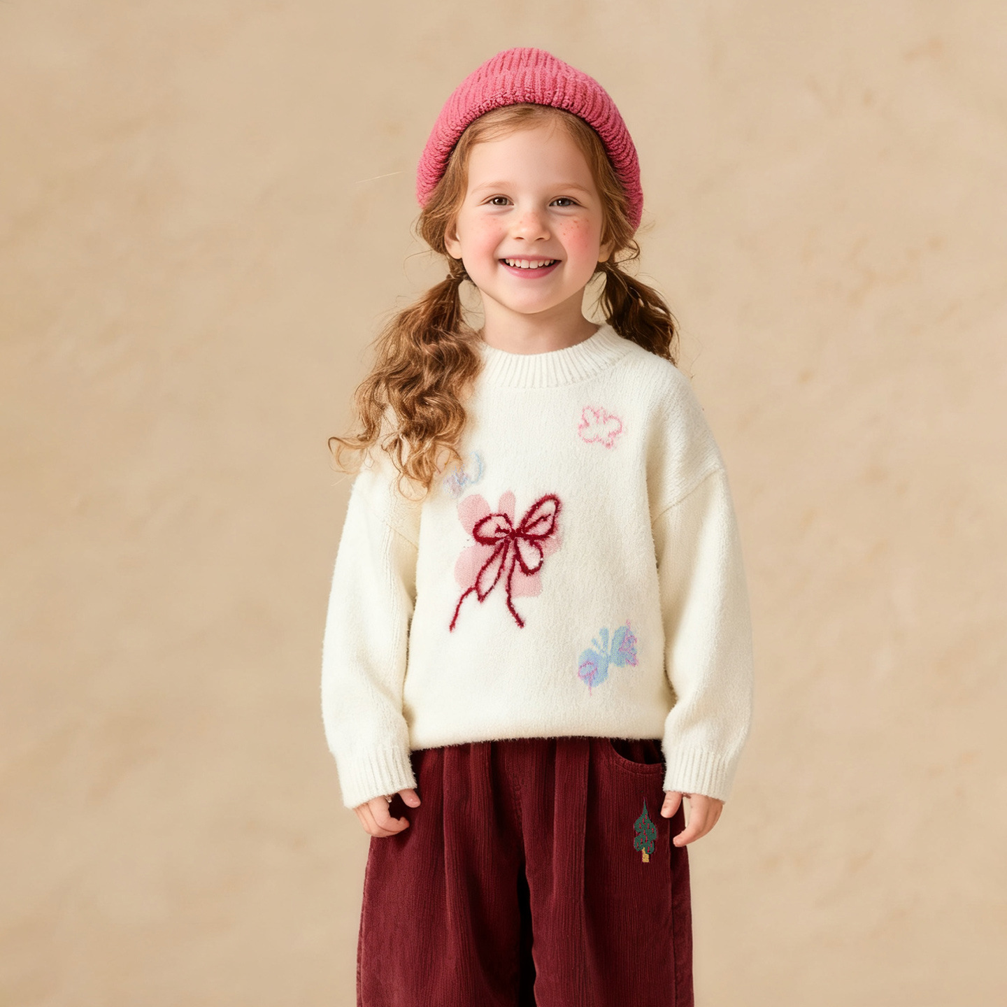 童贝童装25年冬季新款女童甜美毛衣蝴蝶结图案圆领休闲保暖针织衫