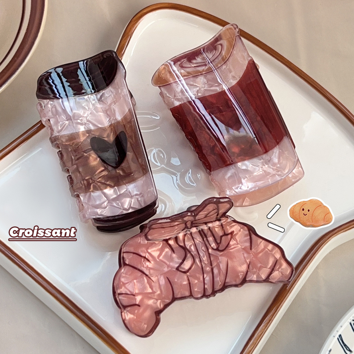 甜酷牛角包抓夹咖啡杯发夹子韩系ins鲨鱼夹盘发棕色系发饰新品女