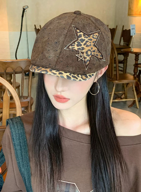 复古豹纹波点星星显脸小贝雷帽