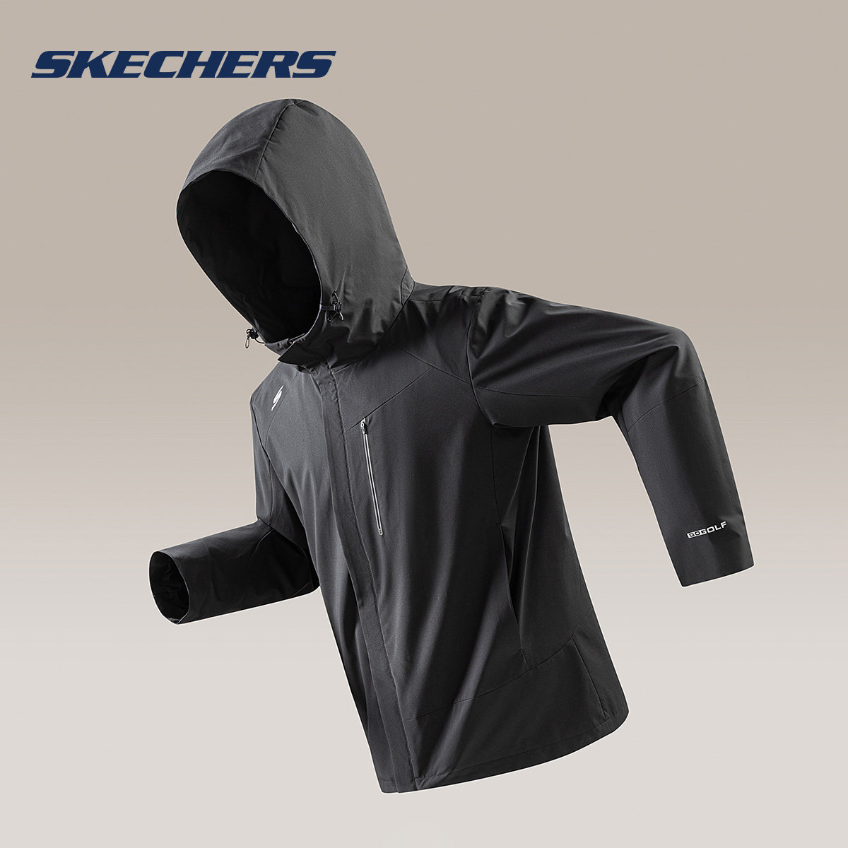 斯凯奇户外连帽梭织外套春秋新款登山夹克拉链口袋冲锋衣风衣男士