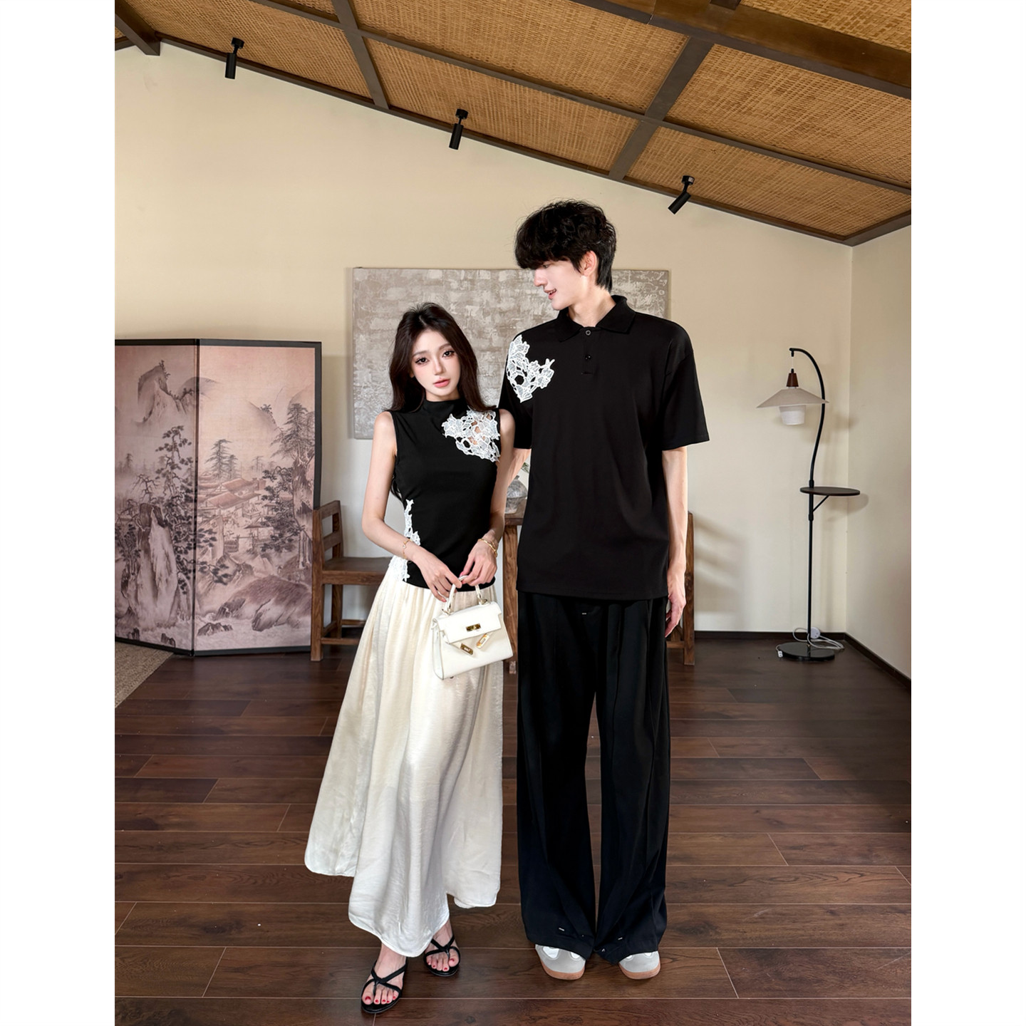 新中式高级感情侣装夏季小众设计感短袖T恤女两件套法式一衣一裙