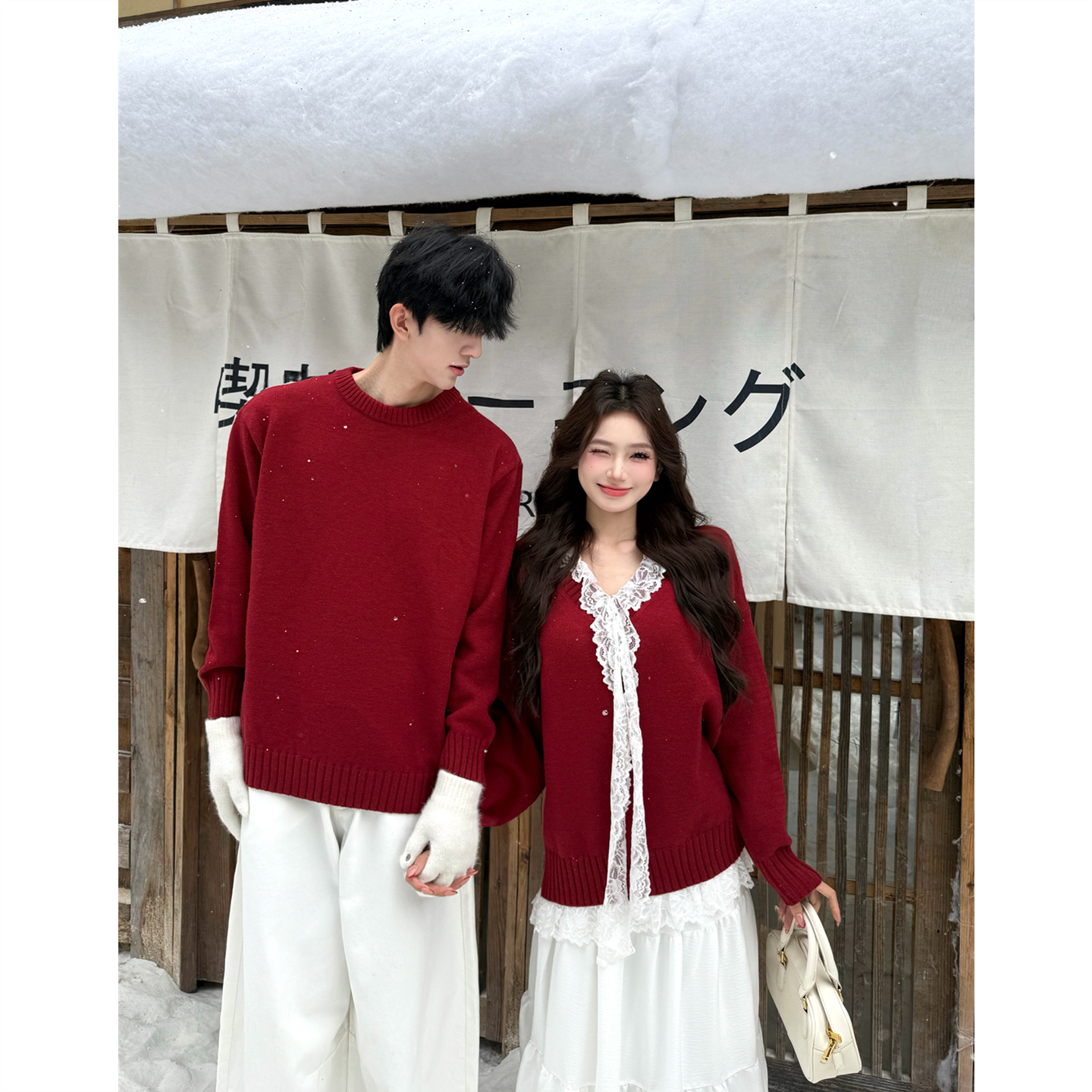 超美红色蕾丝秋冬氛围感毛衣裙子