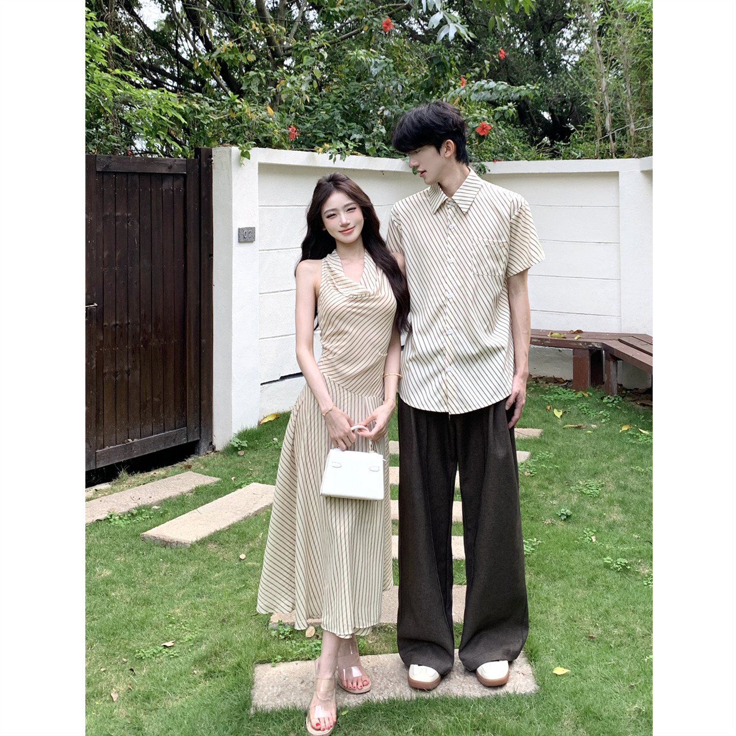 小众设计感情侣装夏季2026韩版短袖衬衫男女连衣裙法式一裙一衣潮