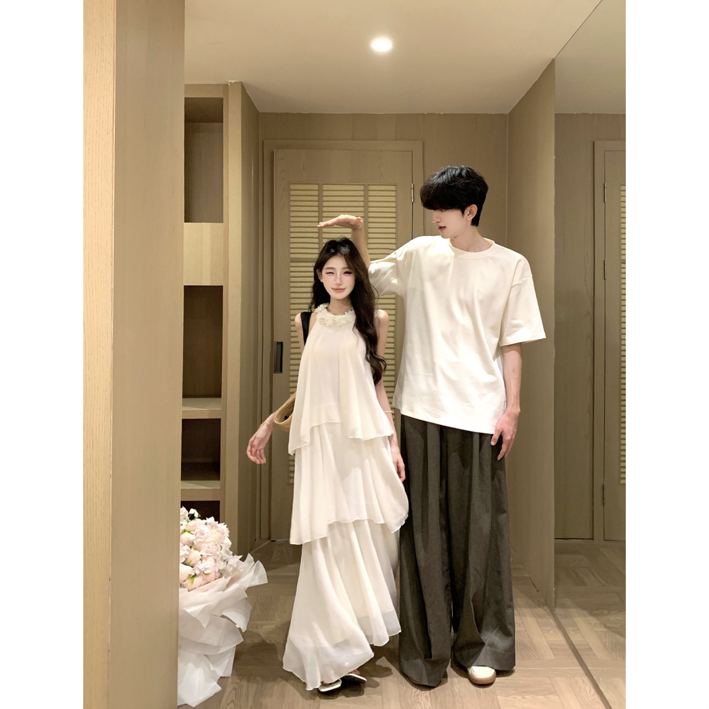 小众设计感情侣装夏季韩版短袖衬衫男女连衣裙法式一裙一衣ins潮