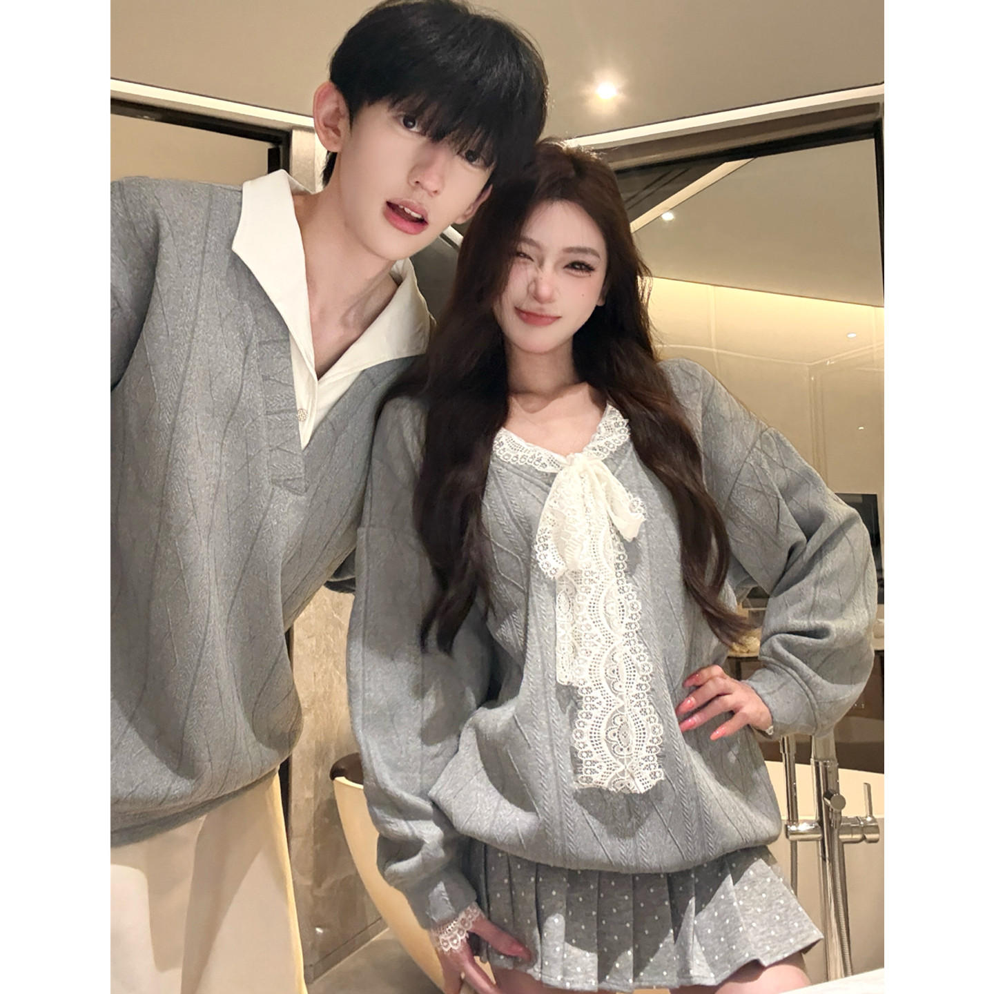 韩系慵懒风甜美蕾丝卫衣裙子套装图片
