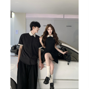 夏季 男女连衣裙法式 2026韩版 衬衫 一裙一衣潮 短袖 小众设计感情侣装