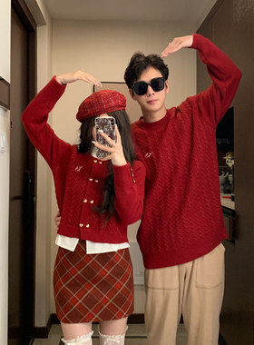 跨年红色情侣装秋冬ins超火毛衣连衣裙一男一女韩版法式针织衫潮