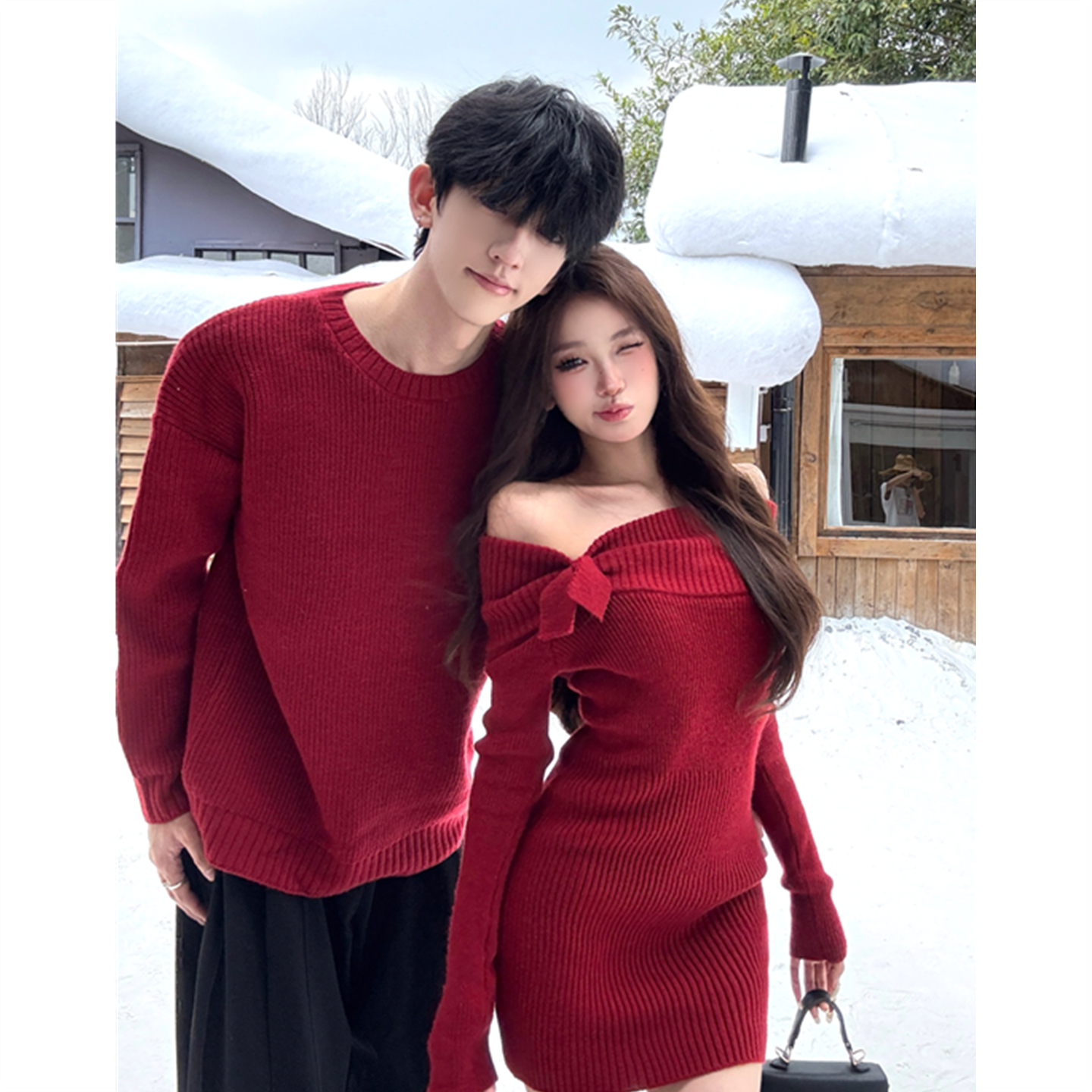 姐姐一字肩露肩显身材红色连衣裙