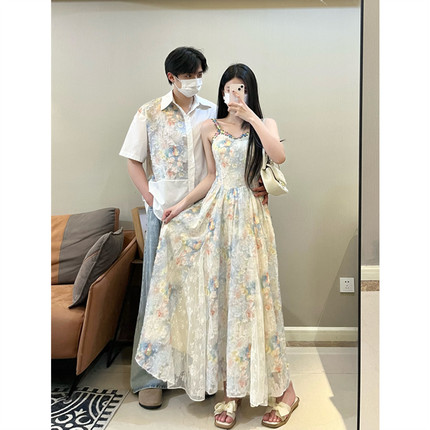 小众设计感情侣装夏季韩版短袖衬衫男女连衣裙法式一裙一衣ins潮